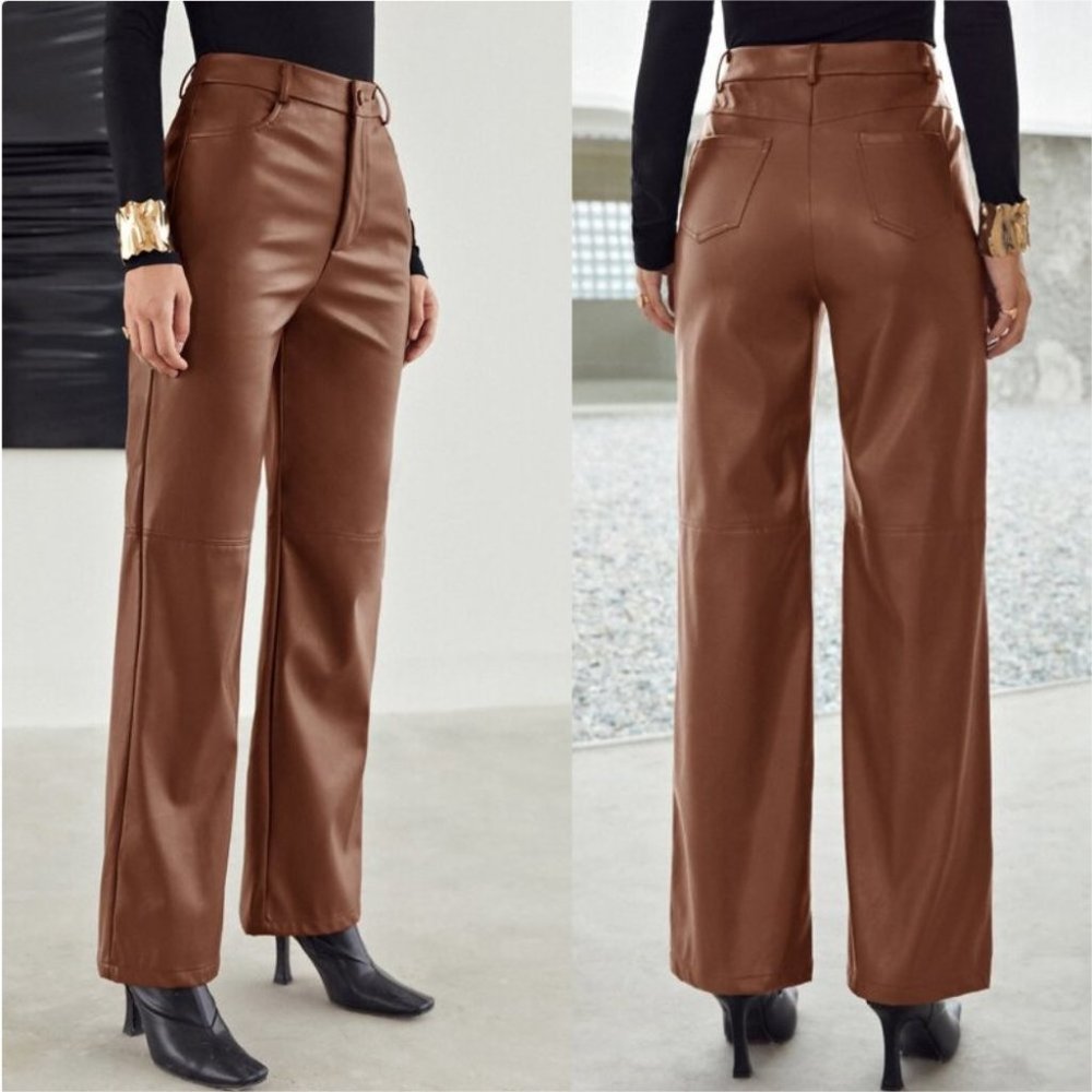 brown faux leather wide legged pants - Picture 2 of 8